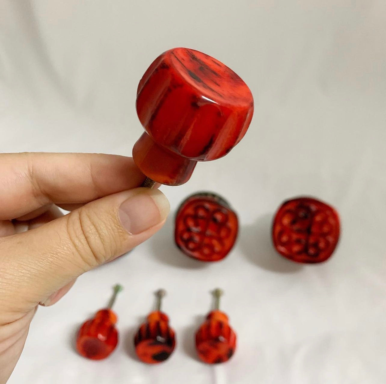 Brutalist Mid Century Door Knob & Drawer Pull Set in Retro Red