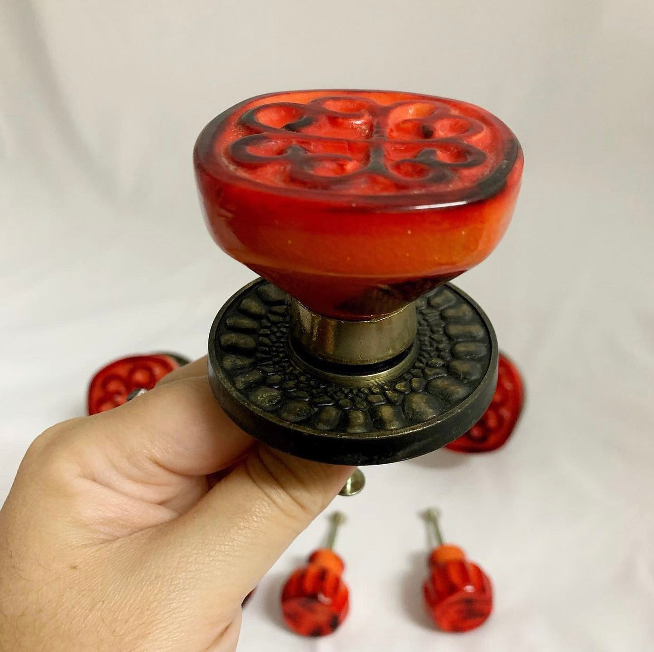 Brutalist Mid Century Door Knob & Drawer Pull Set in Retro Red