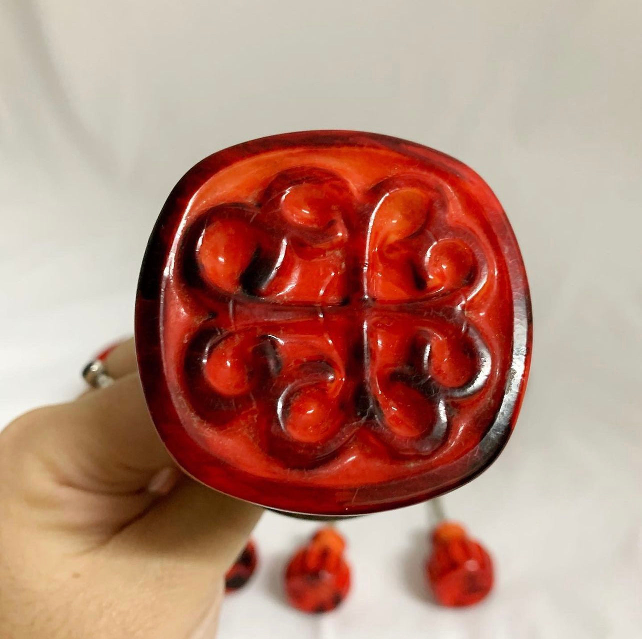 Brutalist Mid Century Door Knob & Drawer Pull Set in Retro Red