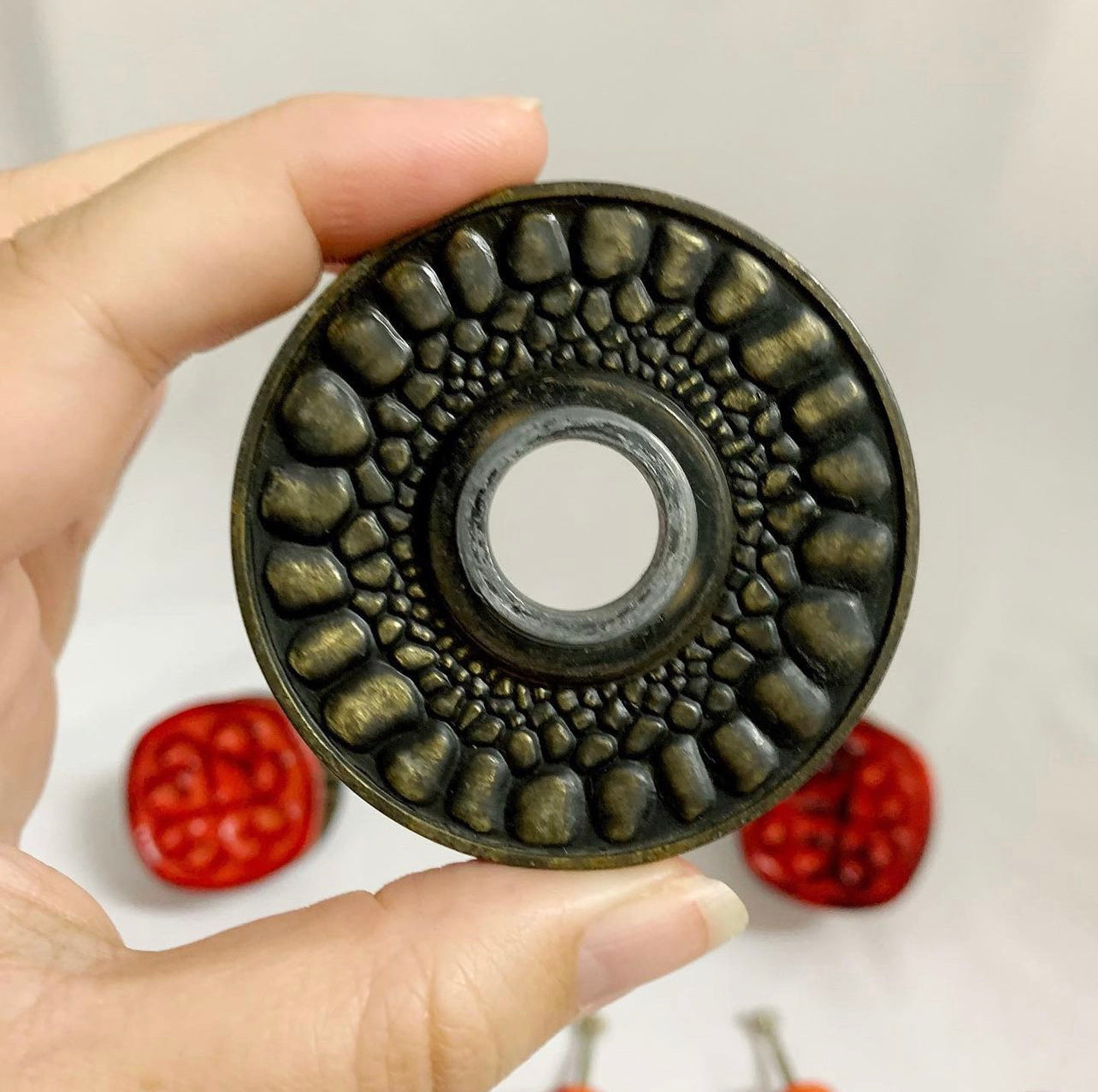 Brutalist Mid Century Door Knob & Drawer Pull Set in Retro Red