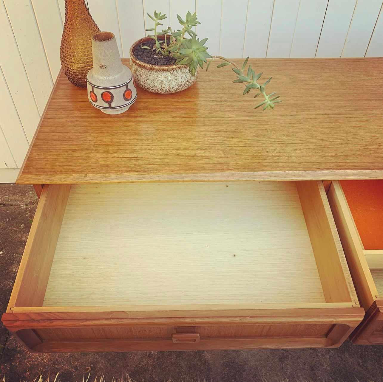 Mid Century Modern Parker Furniture 2 Door Buffet, Sideboard, or Console Table Feat. Orange Felt-Lined Cutlery Drawer