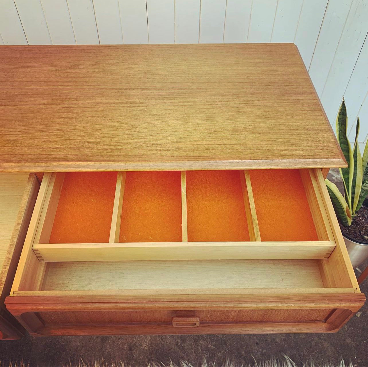 Mid Century Modern Parker Furniture 2 Door Buffet, Sideboard, or Console Table Feat. Orange Felt-Lined Cutlery Drawer