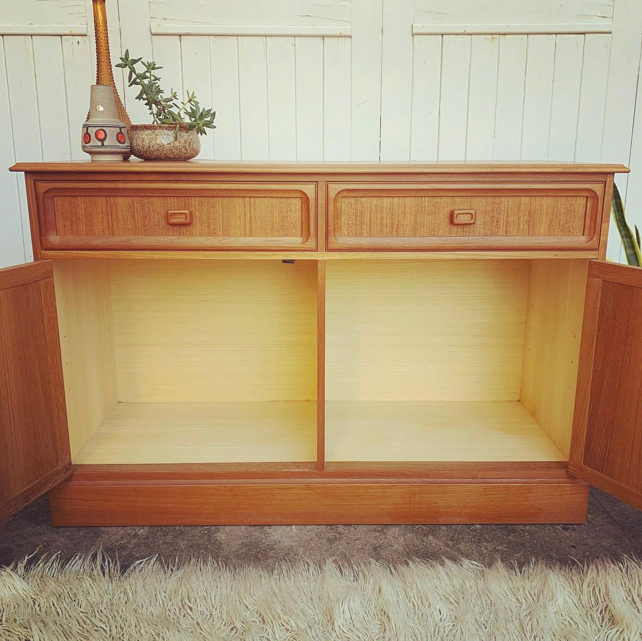 Mid Century Modern Parker Furniture 2 Door Buffet, Sideboard, or Console Table Feat. Orange Felt-Lined Cutlery Drawer