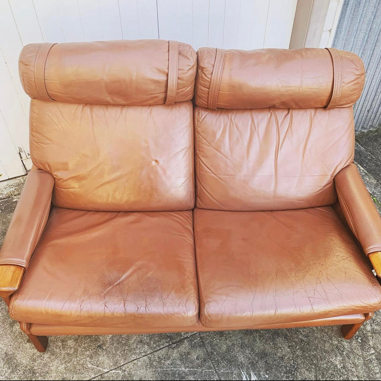 Mid Century Pair of Tessa T21, 2 Seater Couches in Genuine Leather, Designed by Fred Lowen, 60s Era