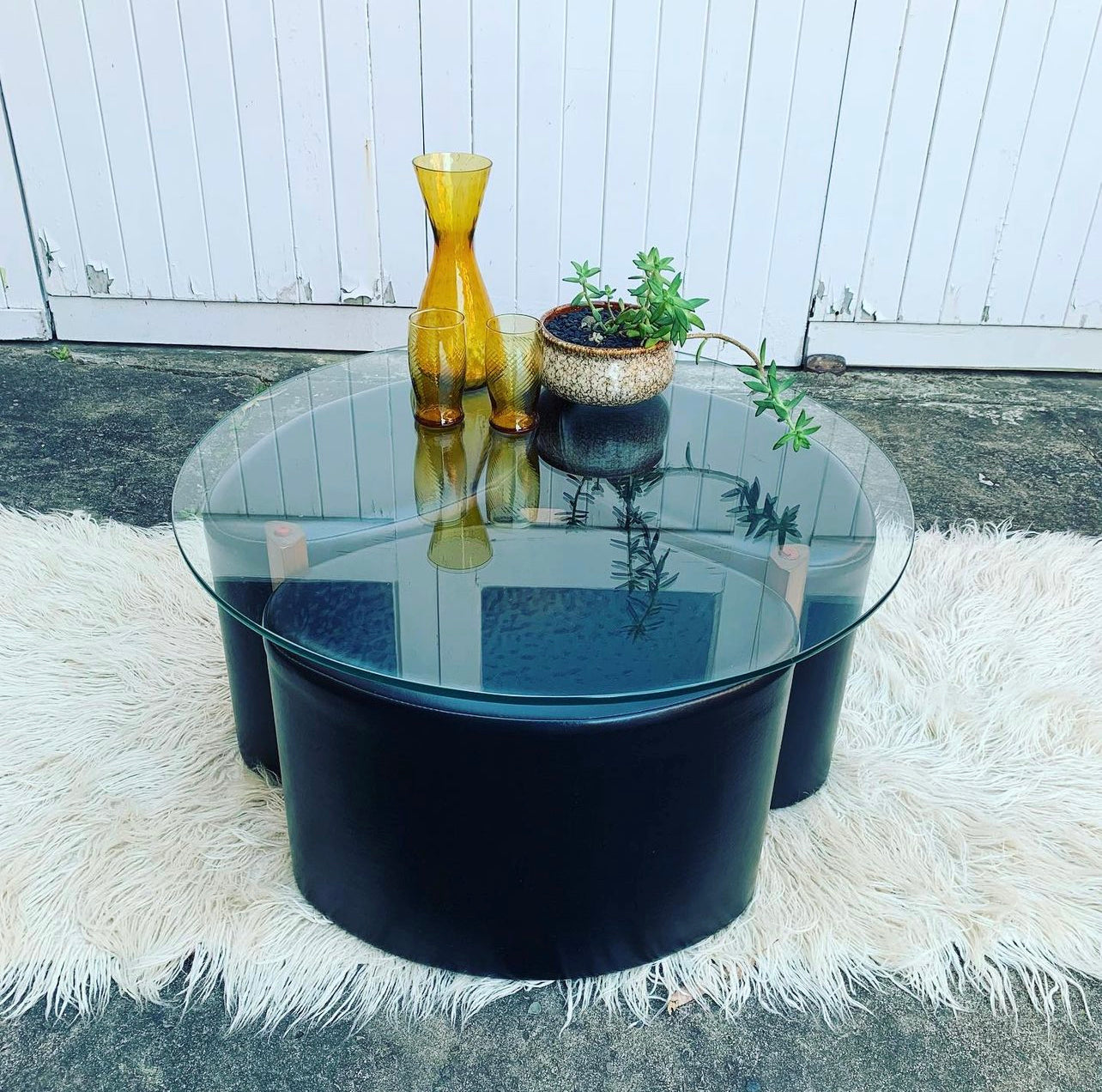 Genuine Mid Century TH Brown "Fondue" Propeller Style Coffee Table & 3 Stools, feat. Original Black Vinyl Upholstery