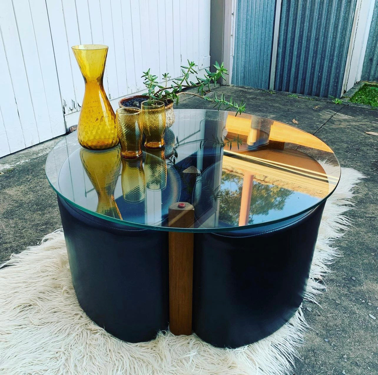 Genuine Mid Century TH Brown "Fondue" Propeller Style Coffee Table & 3 Stools, feat. Original Black Vinyl Upholstery