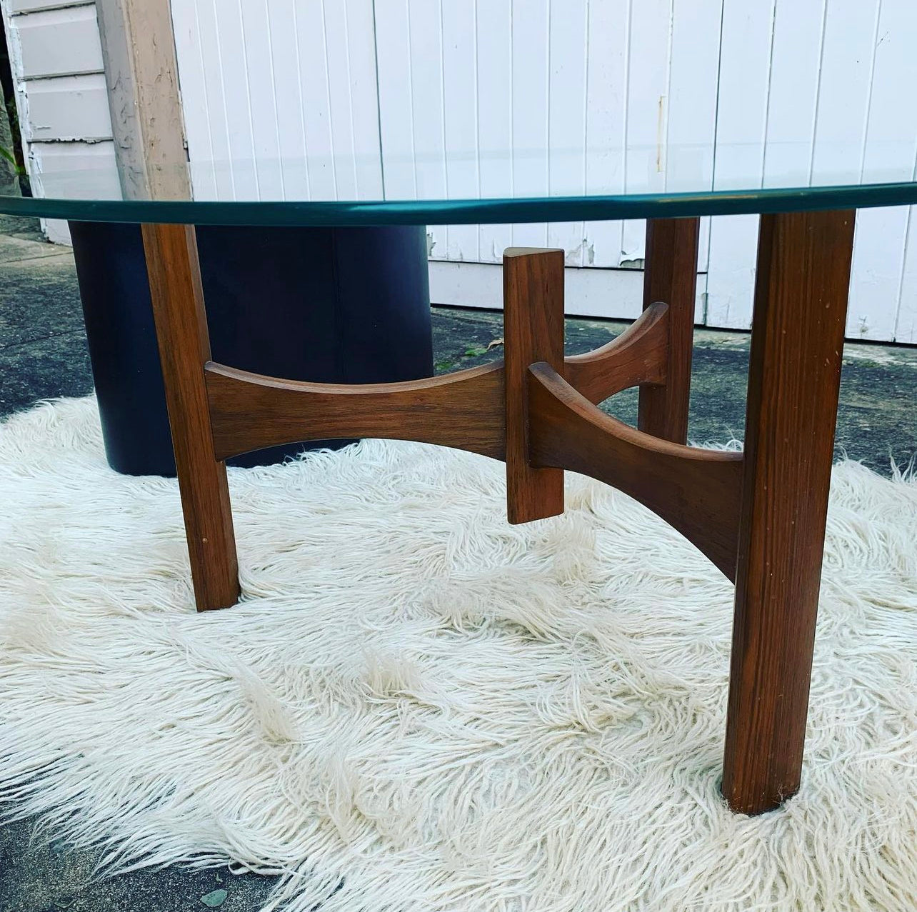 Genuine Mid Century TH Brown "Fondue" Propeller Style Coffee Table & 3 Stools, feat. Original Black Vinyl Upholstery