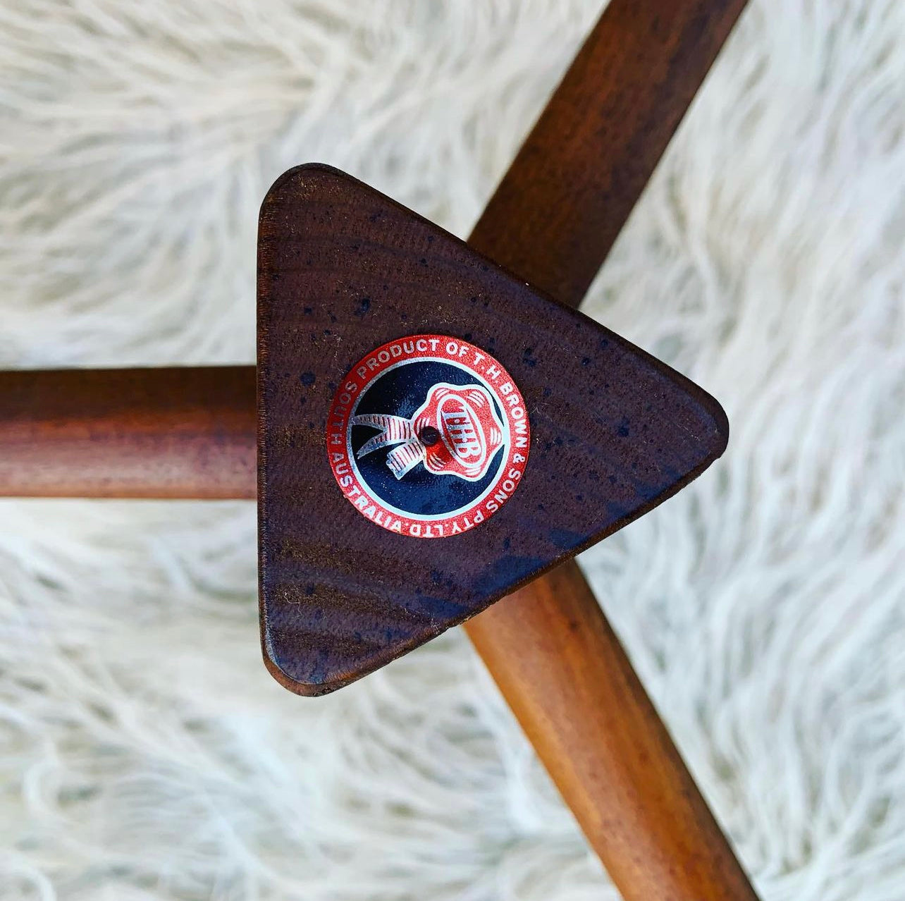 Genuine Mid Century TH Brown "Fondue" Propeller Style Coffee Table & 3 Stools, feat. Original Black Vinyl Upholstery