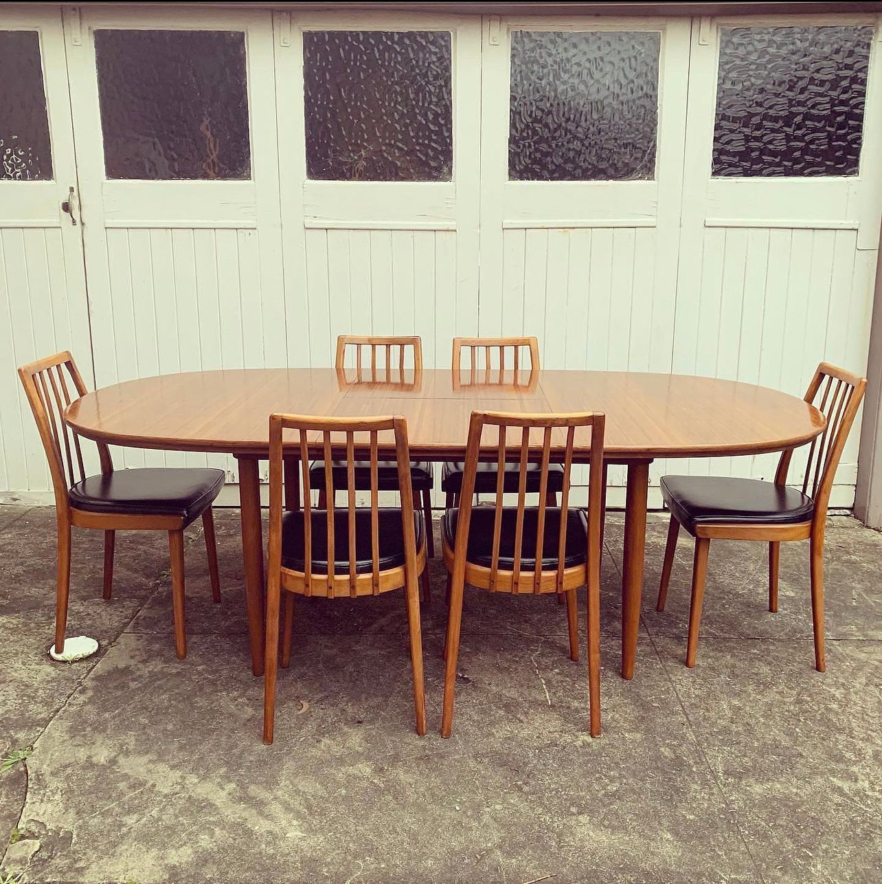 Solid Timber Mid Century Modern Czech Dining Setting, 6 Black Vinyl Chairs & Original Matching Table, Assembled by James Richardson & Co