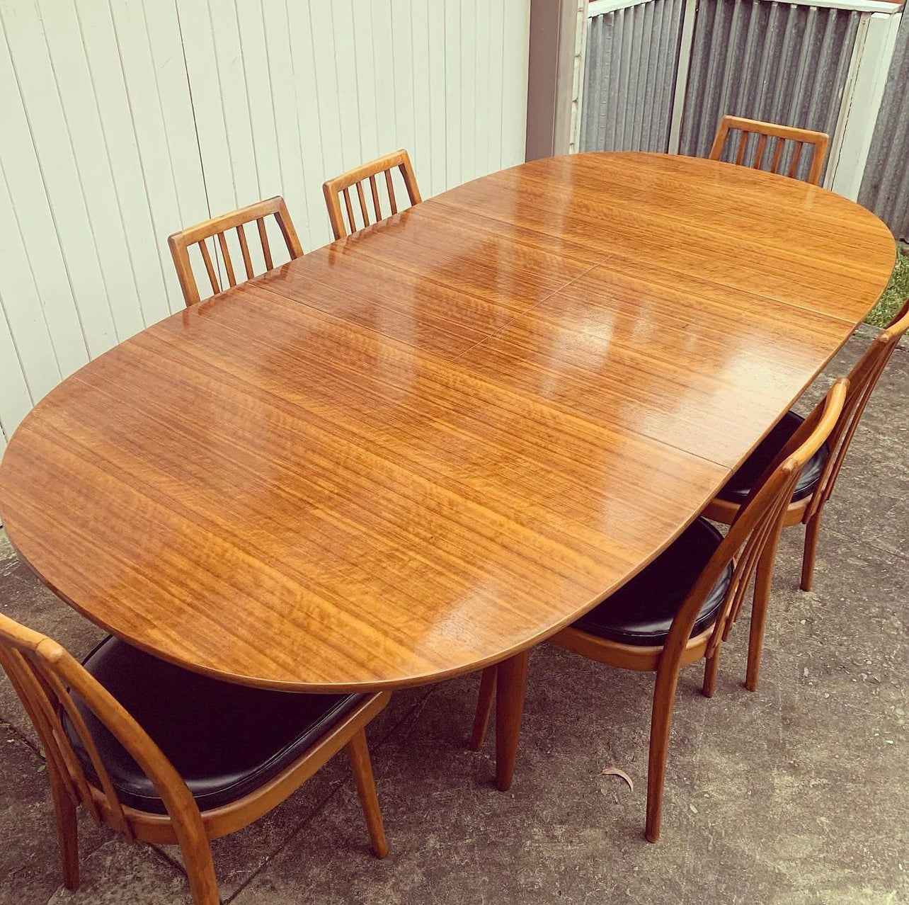 Solid Timber Mid Century Modern Czech Dining Setting, 6 Black Vinyl Chairs & Original Matching Table, Assembled by James Richardson & Co