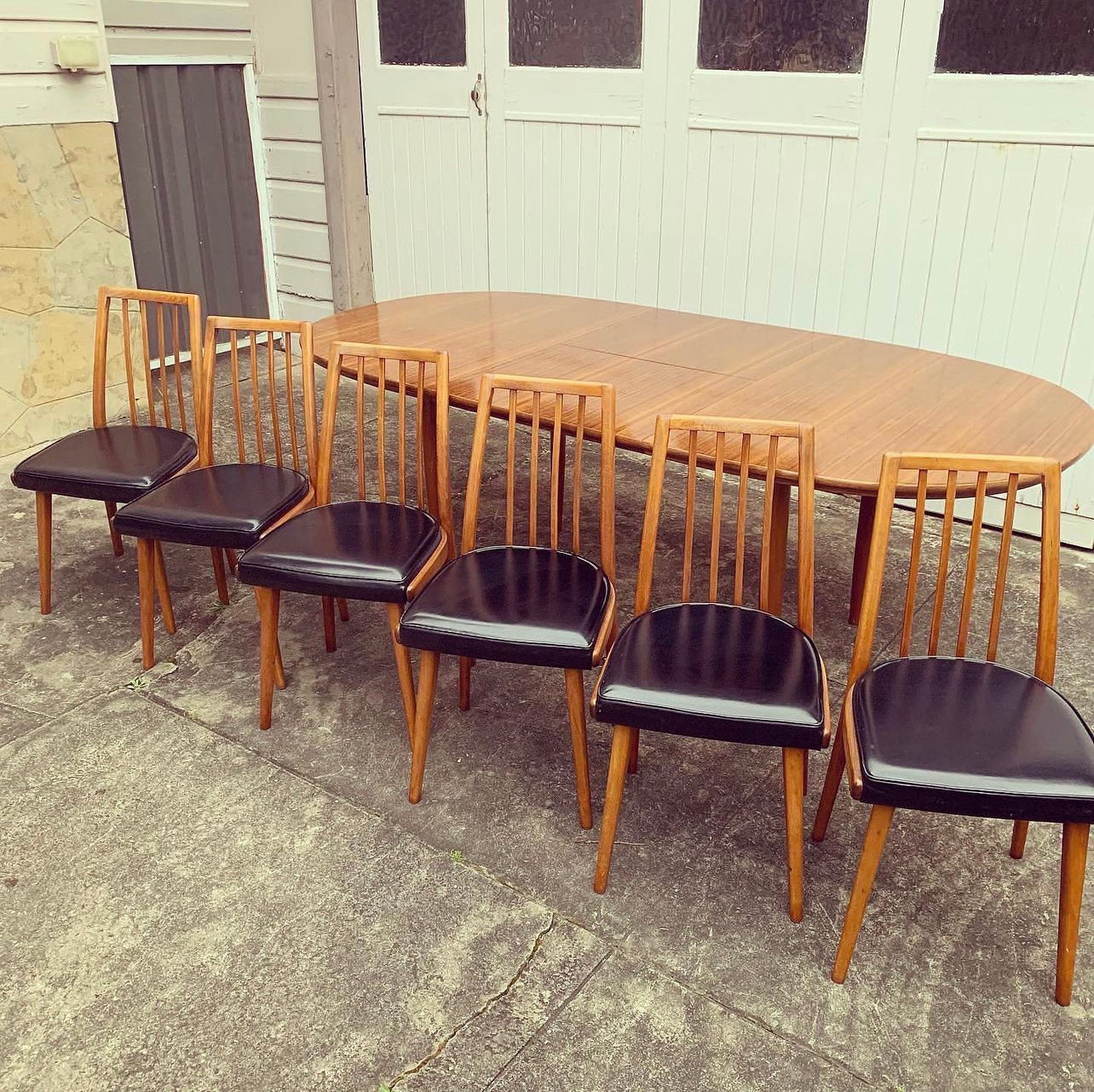 Solid Timber Mid Century Modern Czech Dining Setting, 6 Black Vinyl Chairs & Original Matching Table, Assembled by James Richardson & Co