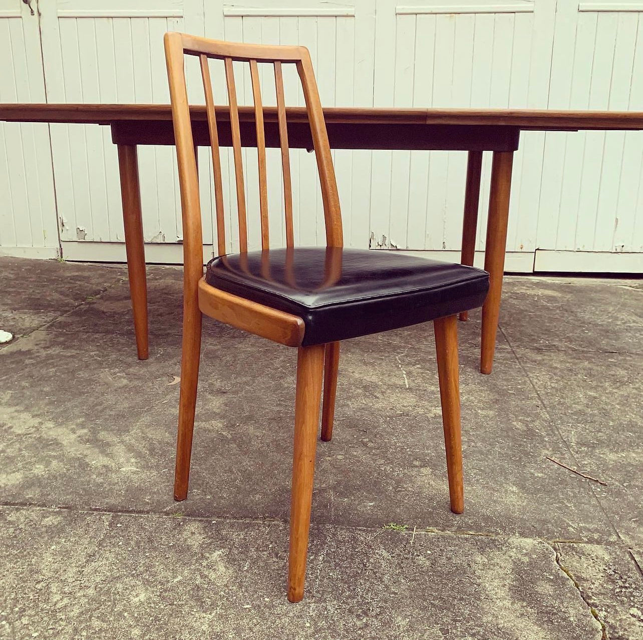 Solid Timber Mid Century Modern Czech Dining Setting, 6 Black Vinyl Chairs & Original Matching Table, Assembled by James Richardson & Co