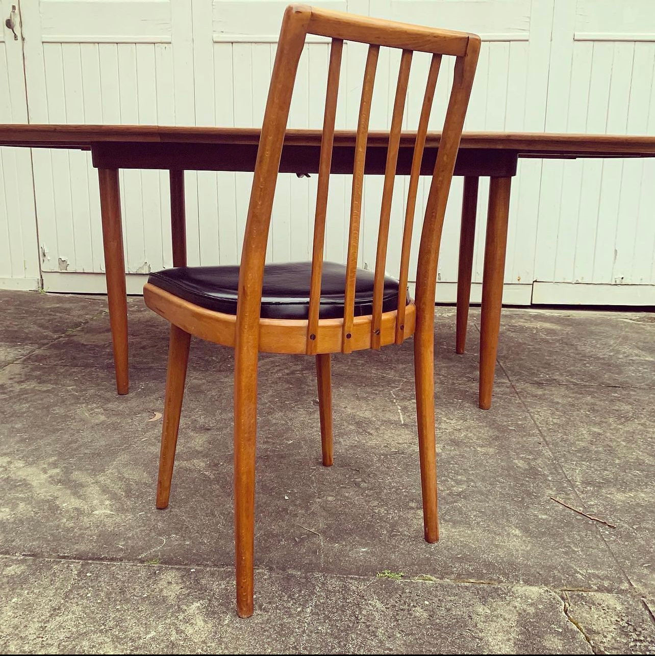 Solid Timber Mid Century Modern Czech Dining Setting, 6 Black Vinyl Chairs & Original Matching Table, Assembled by James Richardson & Co