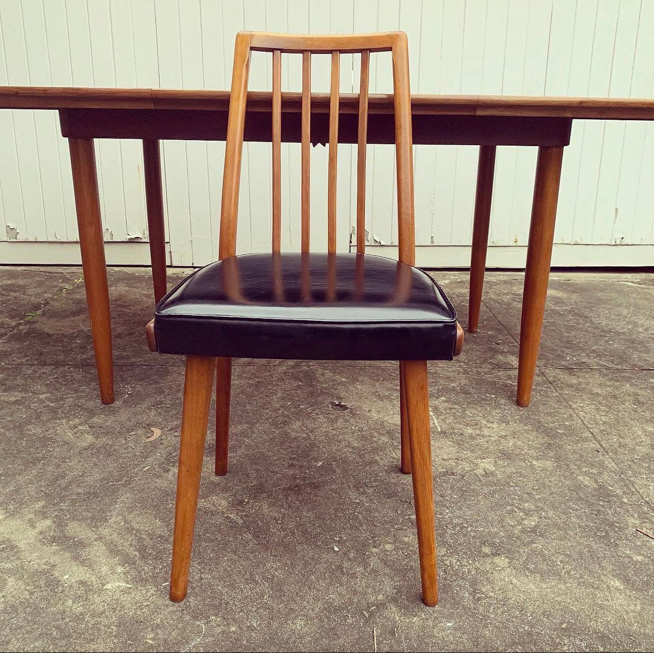 Solid Timber Mid Century Modern Czech Dining Setting, 6 Black Vinyl Chairs & Original Matching Table, Assembled by James Richardson & Co
