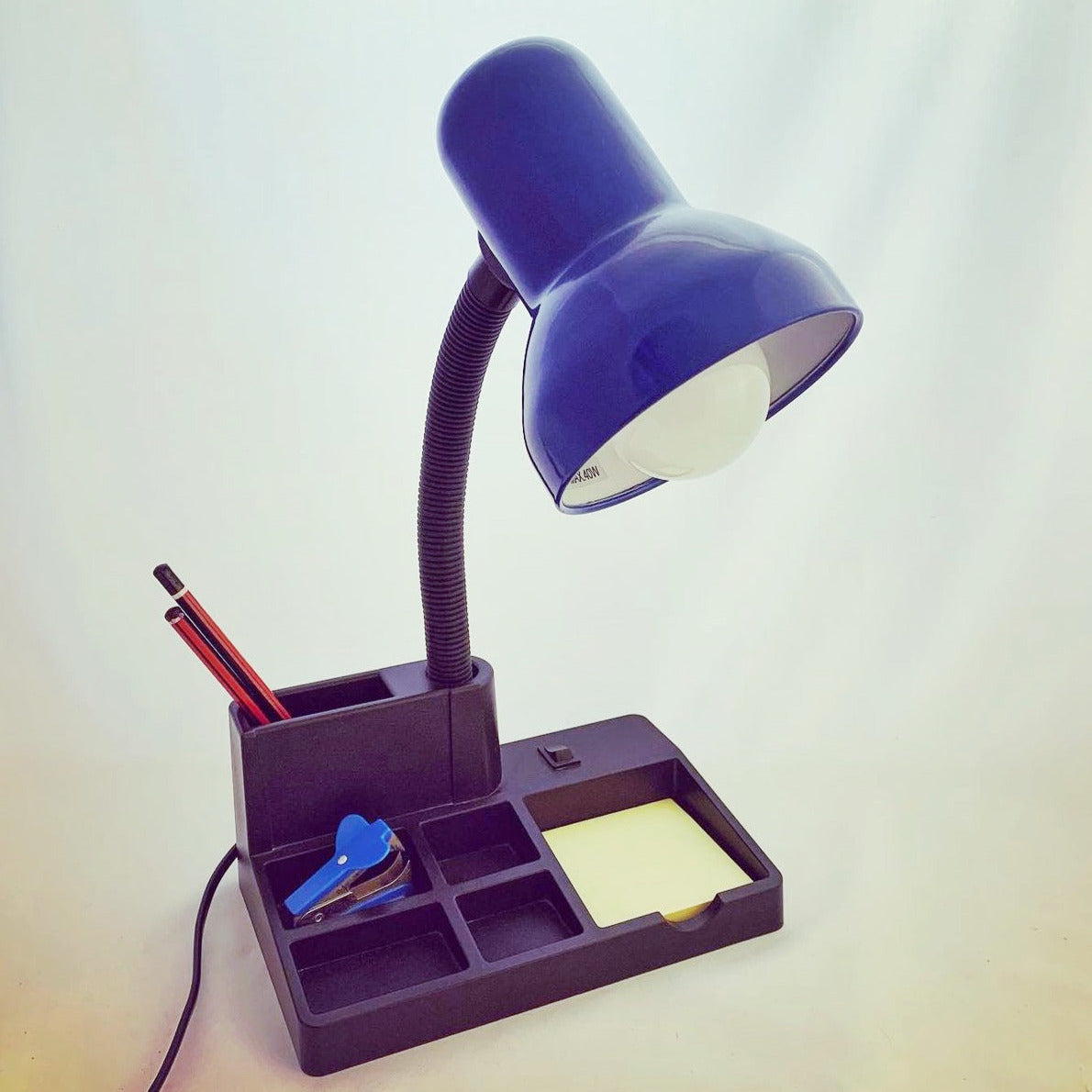 Blue & Black Retro 80s era Gooseneck Desk Lamp with Stationery Organiser Base