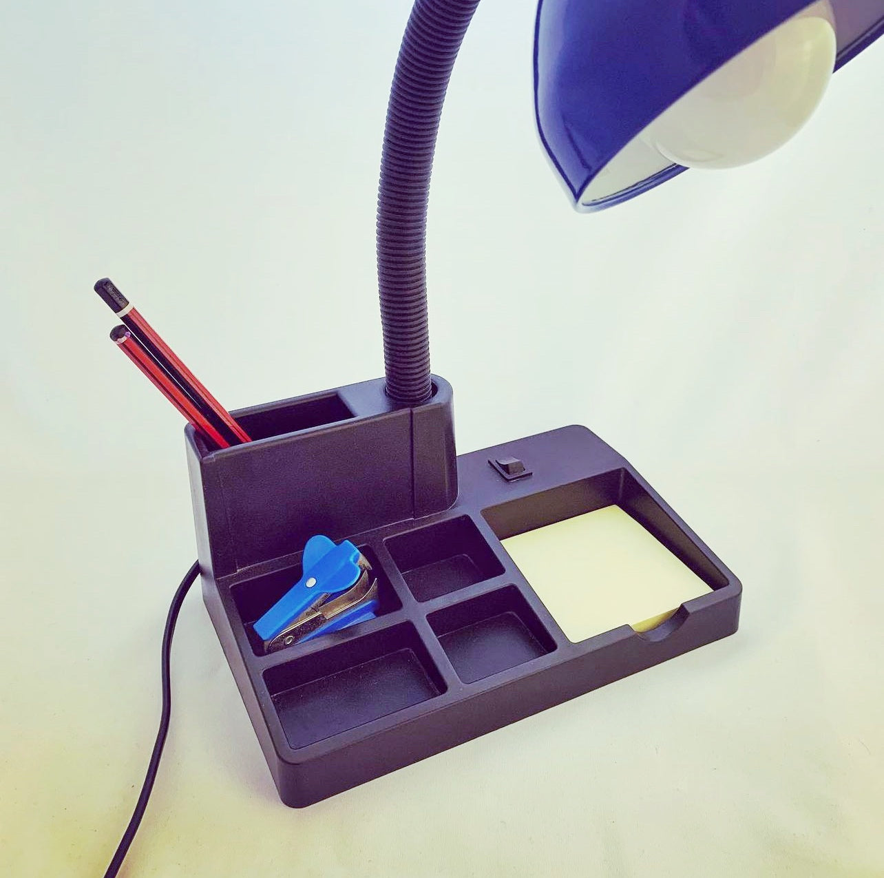 Blue & Black Retro 80s era Gooseneck Desk Lamp with Stationery Organiser Base