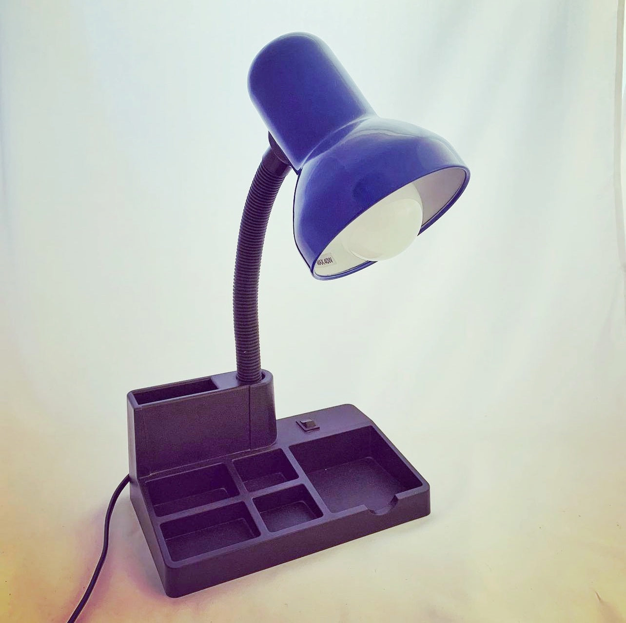 Blue & Black Retro 80s era Gooseneck Desk Lamp with Stationery Organiser Base