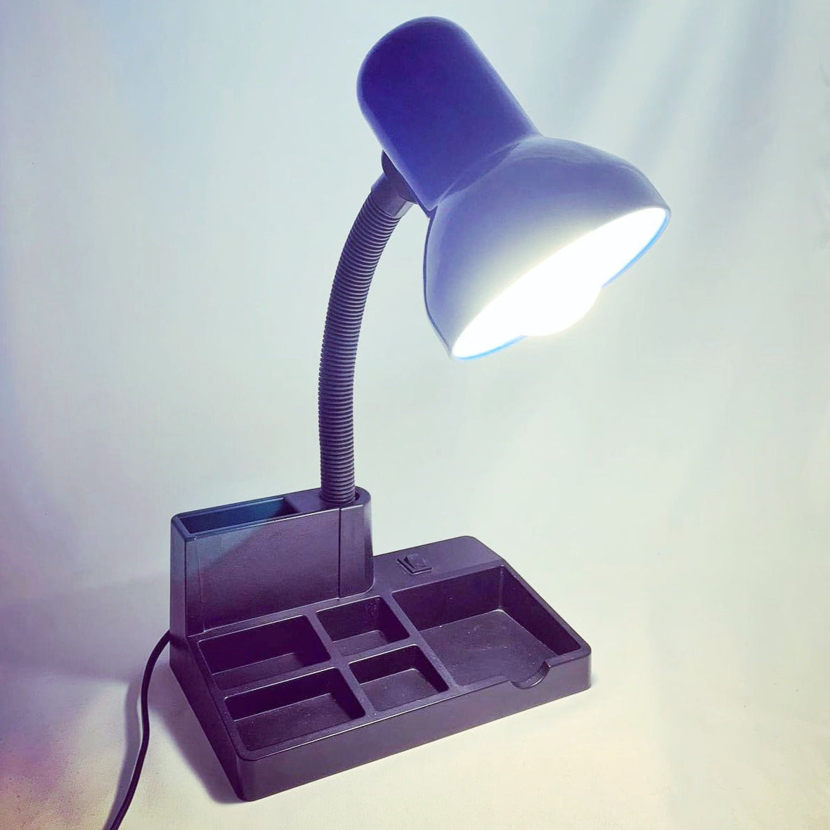 Blue & Black Retro 80s era Gooseneck Desk Lamp with Stationery Organiser Base