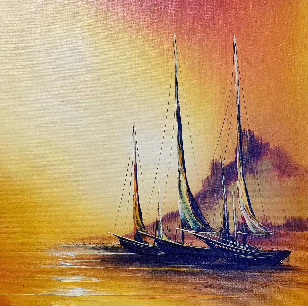 Original Wolfgang Sass Mid Century Oil Painting of Boats in a Bay in Orange Tones