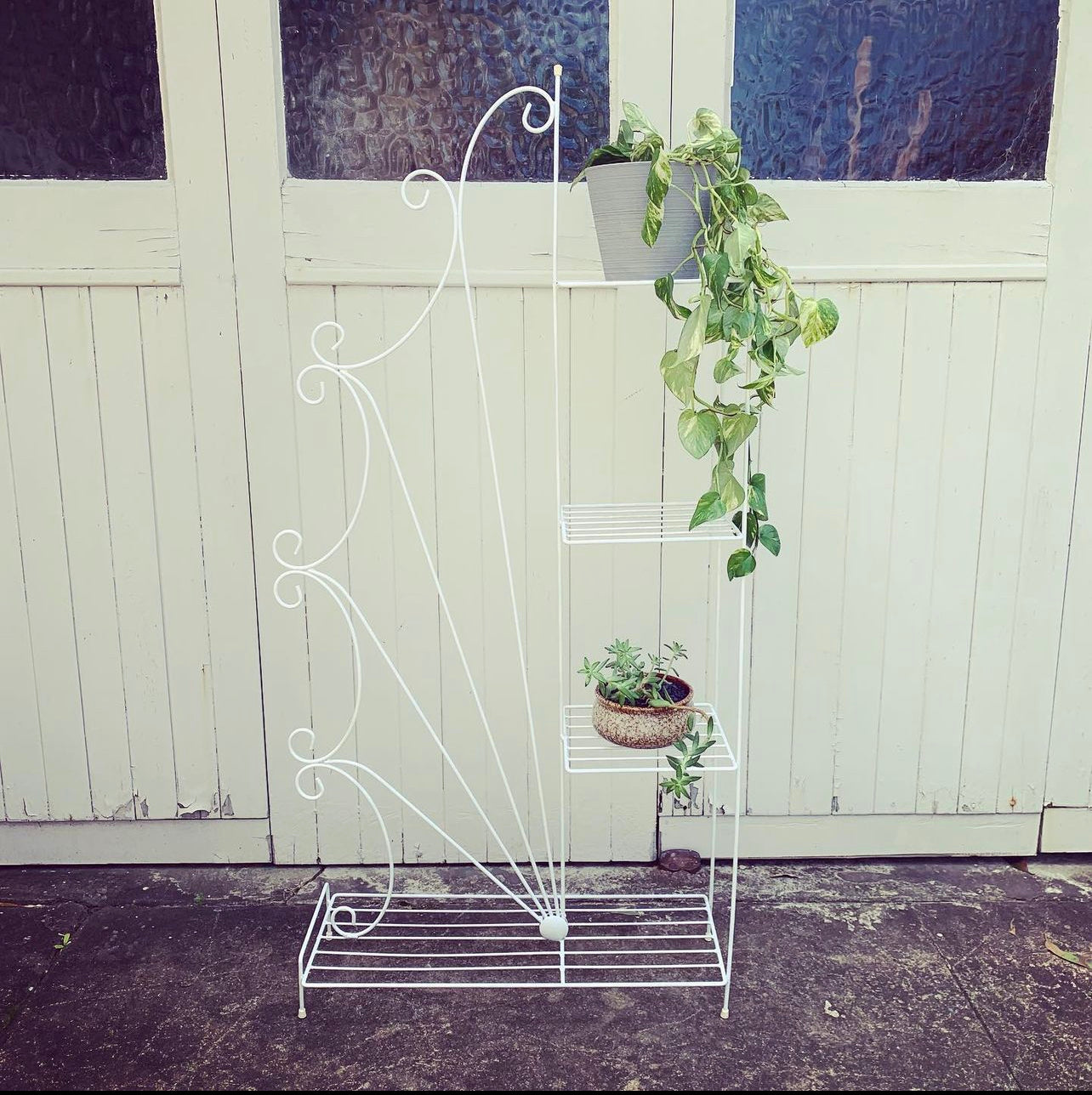 Vintage Multi Level Wire Plant Stand in Fresh White, 50s era