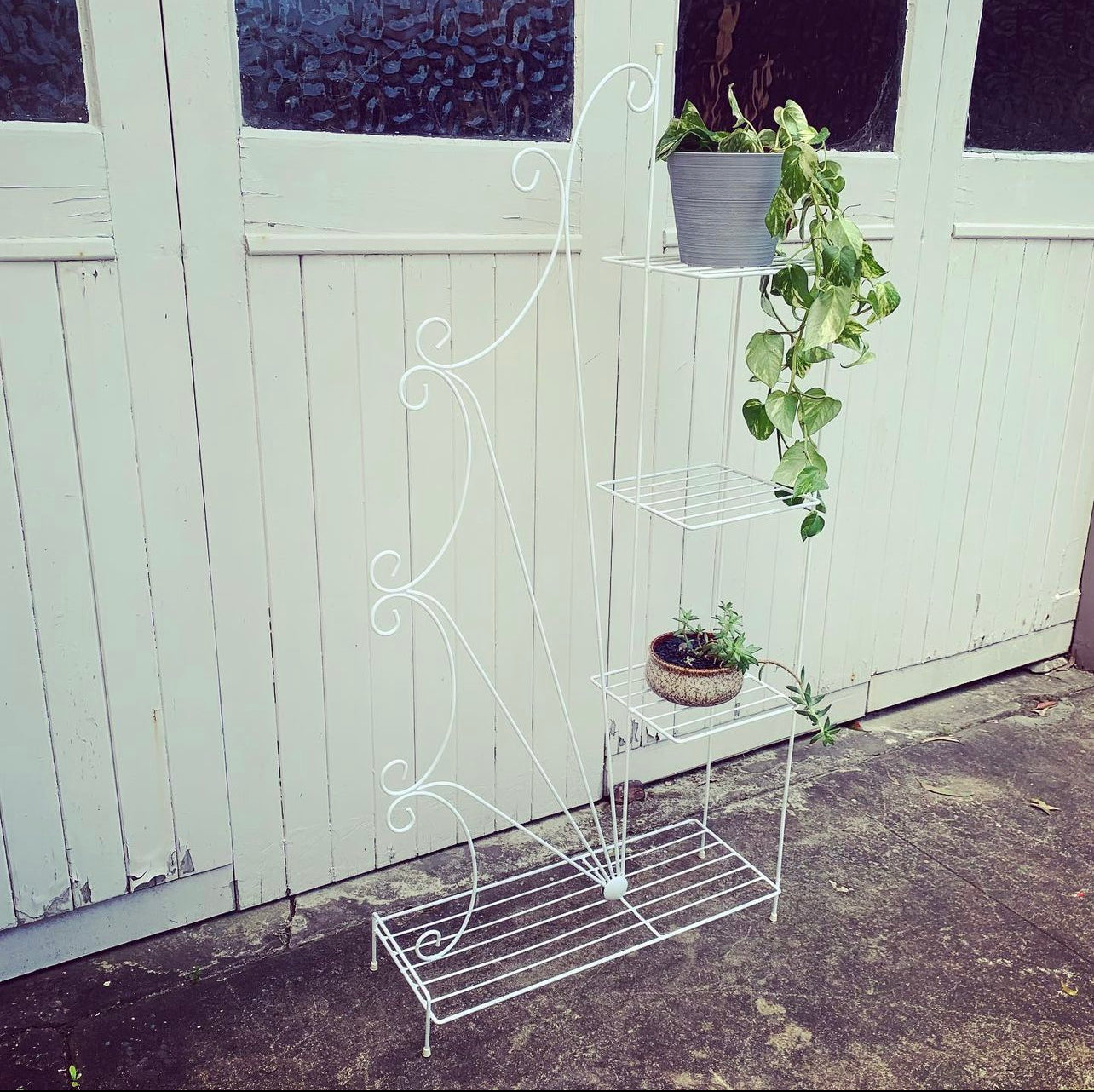 Vintage Multi Level Wire Plant Stand in Fresh White, 50s era