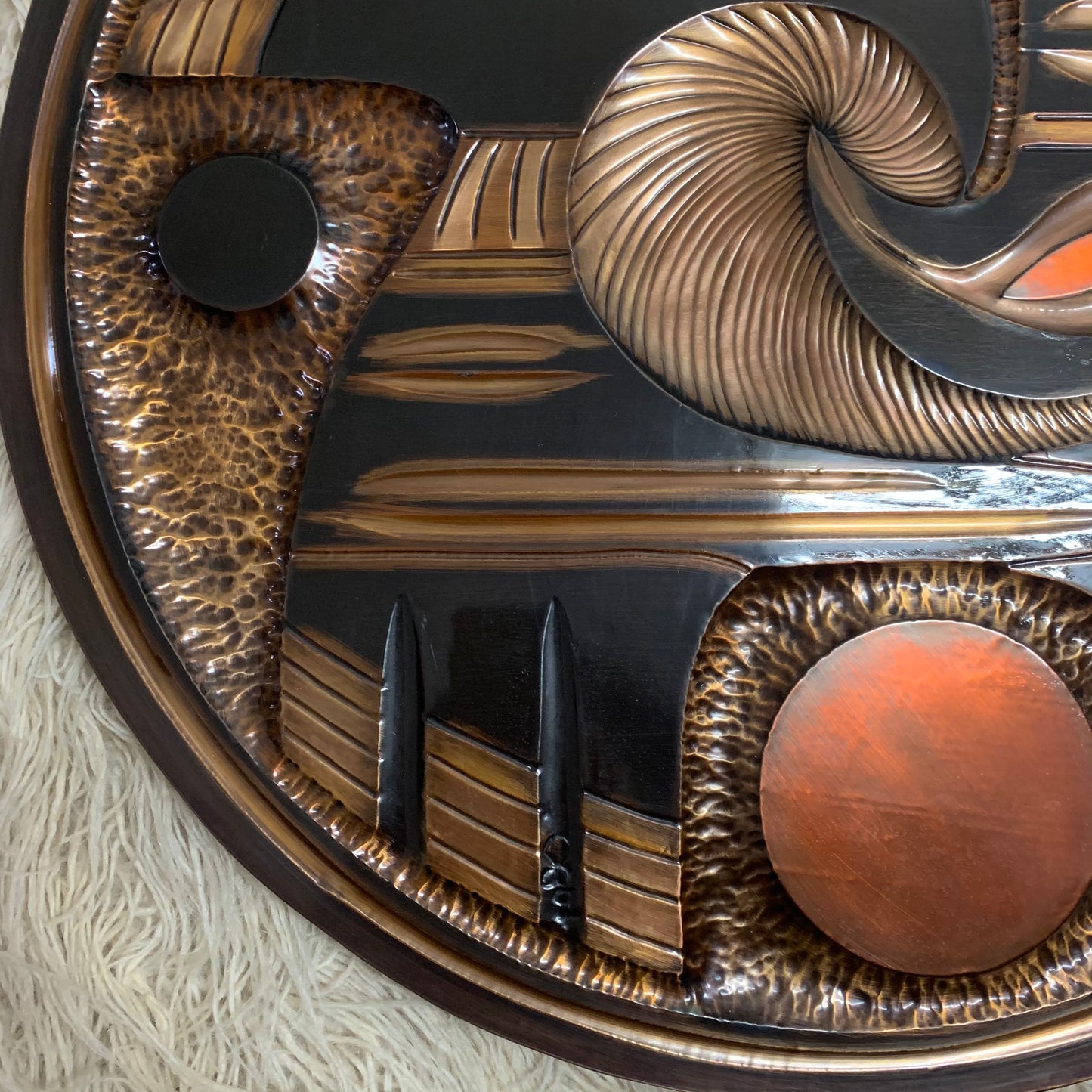 Vintage Round Copper Wall Art, 2 Birds, Sun & Moon. Signed.