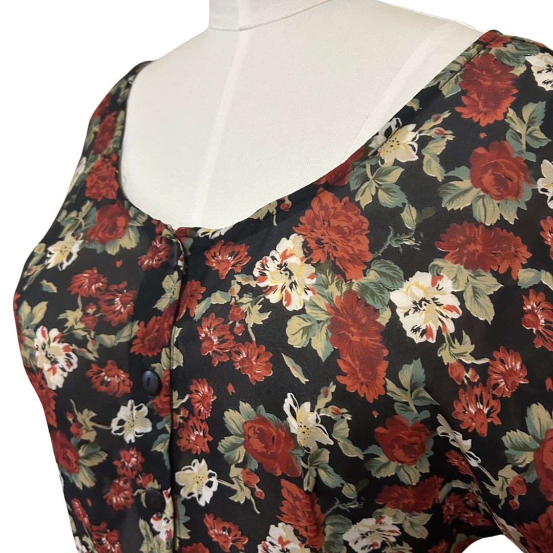 Vintage 90s Sheer Floral Black and Red Maxi Dress