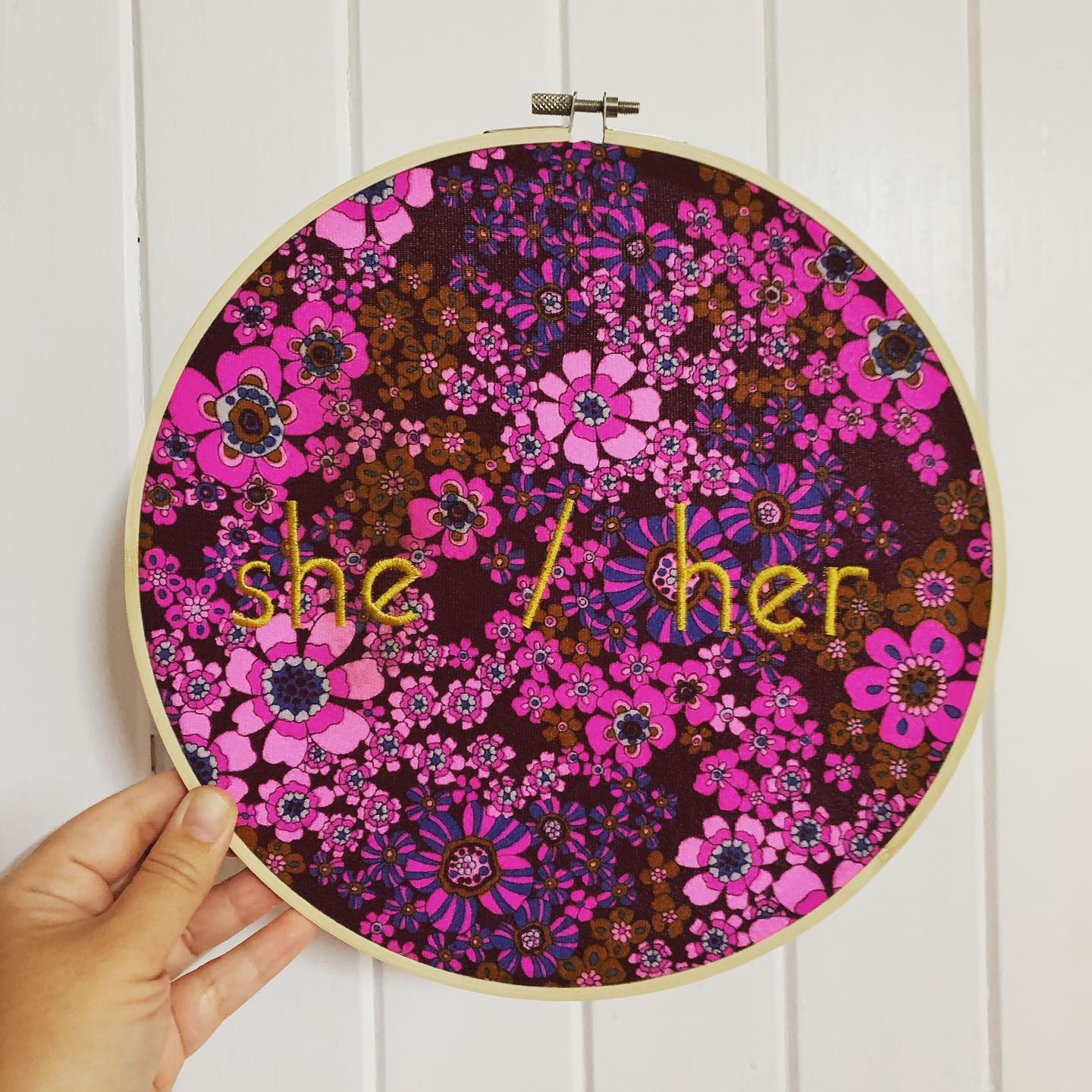 "She/ Her" Subversive Embroidery Pronoun Wall Art - pink floral